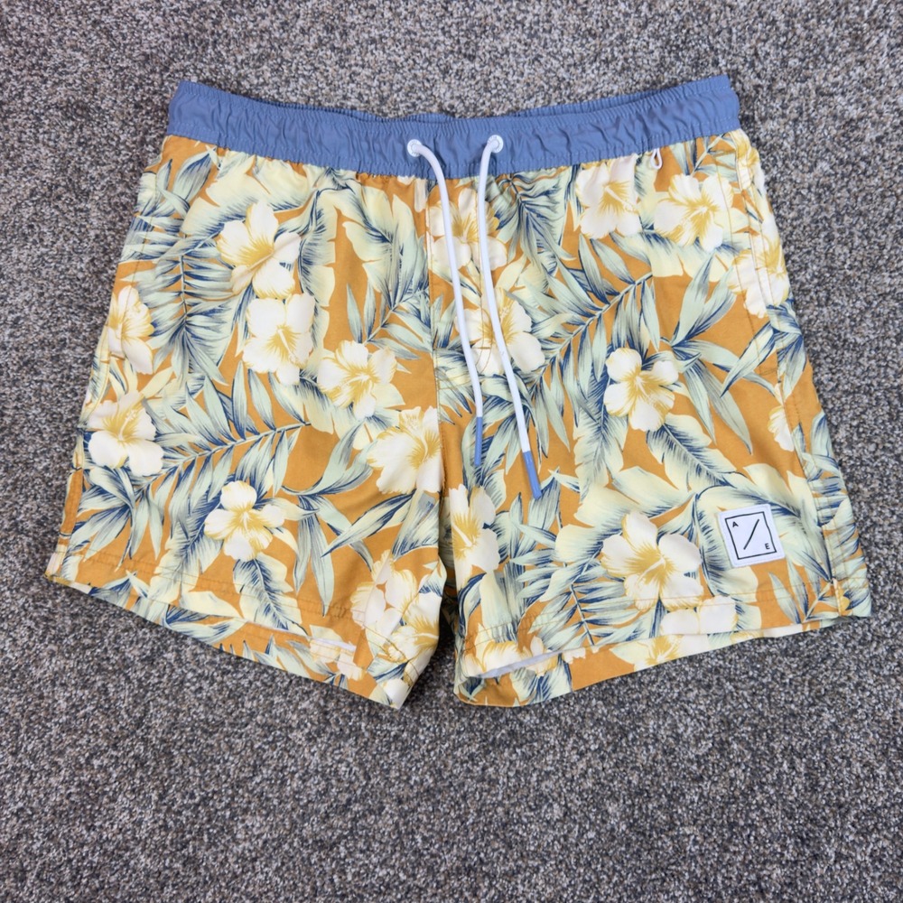 American Eagle Mens Yellow‎ Tropical Hibiscus Floral Swim Trunks Board Shorts M